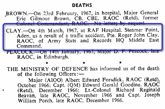 BC003g1.jpg - Roger J. CLAY * 1948 - †04.03.1967 Obituary notice extracted from RAOC Corps Gazette entry 196704-445  Any details, memories or photographs that you may have would be most welcome.