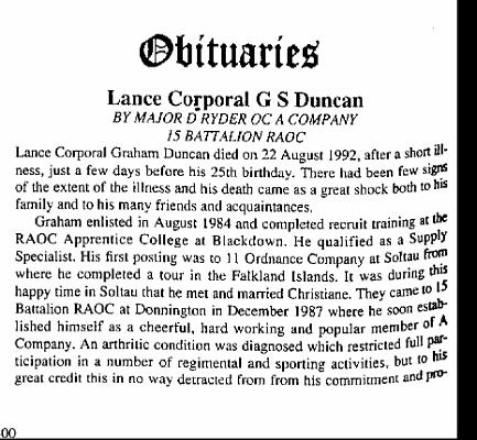 BD008g1.jpg - Graham Scott Duncan Excerpt of RAOC Gazette Entry 199211-300  Any details, memories or photographs that you may have would be most welcome.