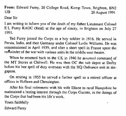 BF002g2.jpg - Edward (Ted) L Furey *24 January 1901 - †27 July 1991 Extract from RAOC Gazette entry 199110 Page 237 Any details, memories or photographs that you may have would be most welcome.