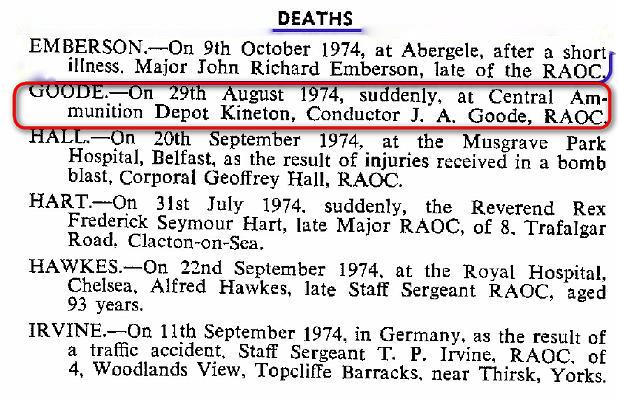 BG011g1.jpg - John Allen GOODE *30 September 1939 - †January 1994  Obituary Notice extracted from the RAOC Gazette, entry 197409-10-112.  Any details, memories or photographs that you may have would be most welcome.
