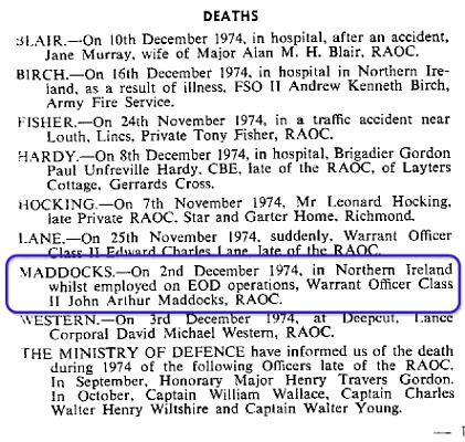 BM001g1.jpg - John A. Maddocks * 14th July 1942 - †2nd December 1974 Obituary Notice extracted from RAOC Gazette entry 197412-185  Any details, memories or photographs that you may have would be most welcome.