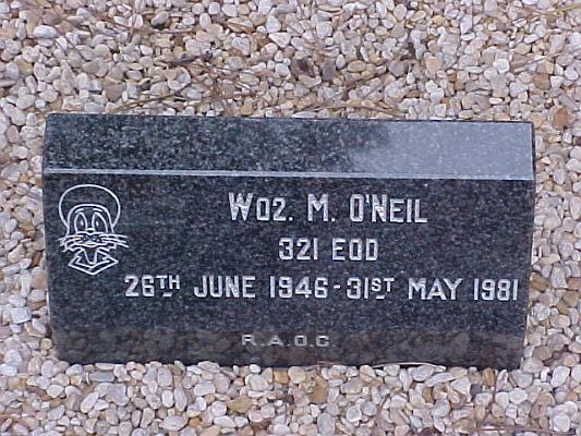 BO002p1.jpg - WO II Michael O'Neil * 26 June 1946 - † 31 May 1981  Aged 35, RAOC, killed when an IRA bomb exploded in a car he was examining near Newry. The device went off as he approached the car for the eighth time to prepare it for towing away. He was the 17th bomb disposal expert to be killed in Northern Ireland since the start of the trouble. Bill Chamberlain wrote: M O'Neil joined the RAOC Junior Leaders Battalion in September 1961 and passed out to Man's Service in December 1963. Click here to see a site dedicated to those who lost their lives on Bomb Disposal Opperations in Northern Ireland  Any details, memories or photographs that you may have would be most welcome. 