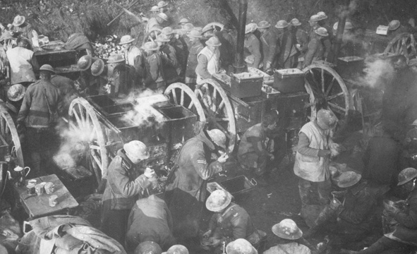 British soldiers receiving food in the field, France 1917