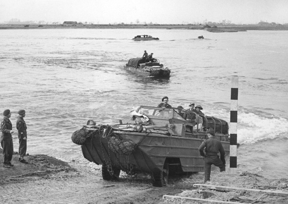 Royal Army Service Corps (RASC) DUKW crossing the Rhine in late March 1945