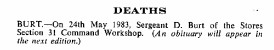 BB004g2.jpg - Douglas Burt * 4 April 1945 - † 24 May 1983 Obituary-Notice extracted from RAOC Gazette Entry 198307-052  Any details, memories or photographs that you may have would be most welcome.