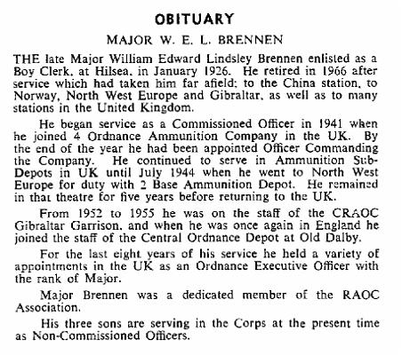 BB015g1.jpg - William Edward Lindsay Brennan * 14 February 1911 - † 24 September 1972 Boy Soldier at Hilsea in 1926 aged 15. Died 24 September 1972 at his home in Feltham An Obituary from RAOC Gazette Entry 197211-191  Any details, memories or photographs that you may have would be most welcome. 