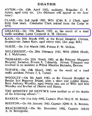BG003g1.jpg - Alan Martin "Jimmy” Greaves * 31 October 1961 - †15th. March 1983 Obituary Notice extracted from the RAOC Gazette, entry 198305-462  Any details, memories or photographs that you may have would be most welcome.