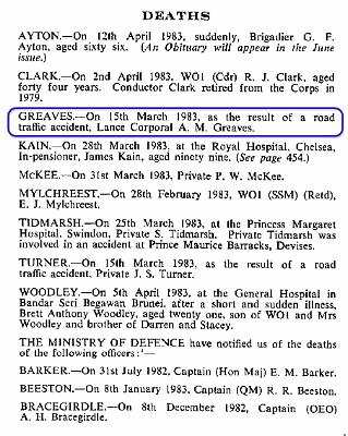 BG003g1.jpg - Alan Martin "Jimmy” Greaves * 31 October 1961 - †15th. March 1983 Obituary Notice extracted from the RAOC Gazette, entry 198305-462  Any details, memories or photographs that you may have would be most welcome.