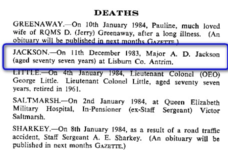 BJ004g2.jpg - Alex D. “Sandy” Jackson * 1906 - † 12 December 1983 Obituary-Notice extracted from RAOC Gazette Entry 198402-332  Any details, memories or photographs that you may have would be most welcome.