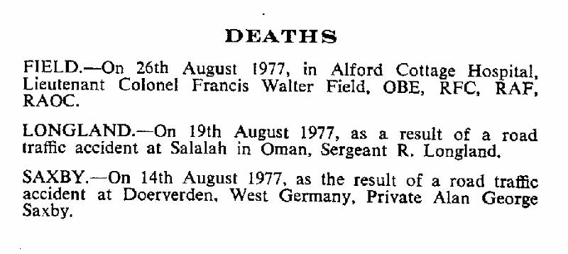 BL005g1.jpg - Roger J. Longland * 1947 - † 19 August 1977 RAOC Junior Leader September 1962 – 1964 Died as a result of an RTA on the 19 August 1977 at Salalah, Oman An Obituary-notice extracted from RAOC Gazette Entry 197710-139  Any details, memories or photographs that you may have would be most welcome. 