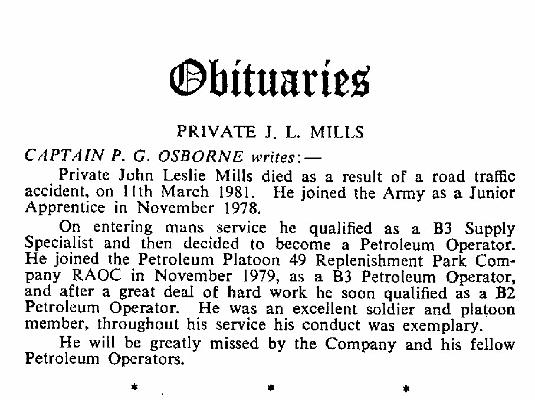 BM016_4.jpg - John Leslie MILLS * 2 November 1961 - †11 March 1981 Extracted from RAOC Gazette entry 198106-008  Any details, memories or photographs that you may have would be most welcome.