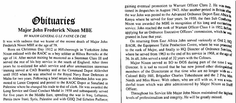 BN002p1.jpg - John Frederick Nixon (MBE) * 25 Dec 1922 - † 23 May 1992 Major Nixon MBE was mentioned in Dispatches & joined as a Boy at Hilsea in 1936 aged 14 Excerpt of RAOC Gazette Entry 199208-118  Any details, memories or photographs that you may have would be most welcome. 