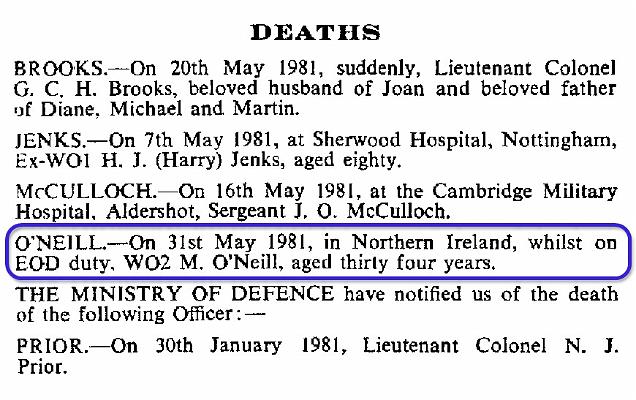 BO002g1.jpg - WO II Michael O'Neil * 26 June 1946 - † 31 May 1981 Obituary-Notice extracted from RAOC Gazette Entry 198107-045  Any details, memories or photographs that you may have would be most welcome.