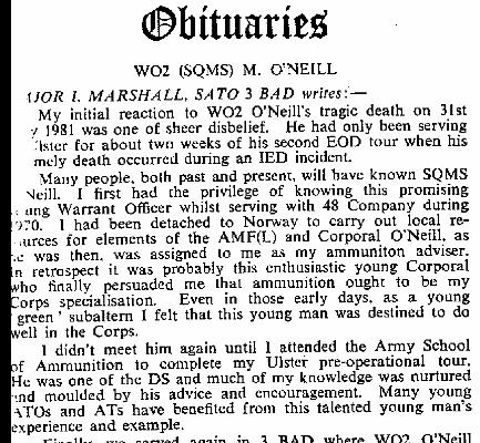 BO002g2.jpg - WO II Michael O'Neil * 26 June 1946 - † 31 May 1981 Obituary by Major I. Marshall, SATO 3 BAD, extracted from RAOC Gazette Entry198108-083 Page 1 of 4  Any details, memories or photographs that you may have would be most welcome.