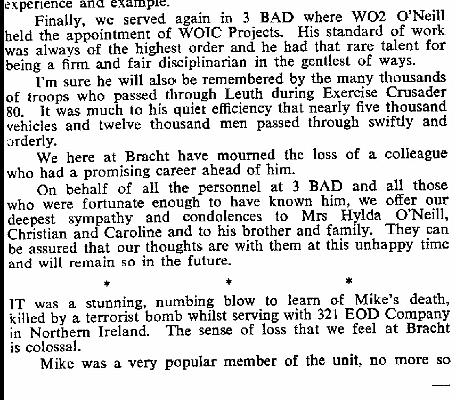 BO002g3.jpg - WO II Michael O'Neil * 26 June 1946 - † 31 May 1981 Obituary by Major I. Marshall, SATO 3 BAD, extracted from RAOC Gazette Entry198108-083 Page 2 of 4  Any details, memories or photographs that you may have would be most welcome.