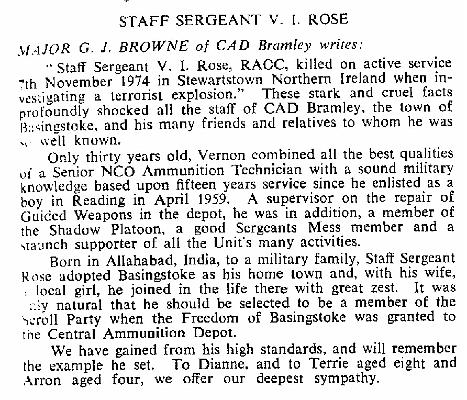 BR002g1.jpg - S/SGT Vernon I ROSE  * 28 March 1944 - † 7 November 1974 Obituary by Major G.J. Browne extracted from RAOC Gazette entry 197411-161  Any details, memories or photographs that you may have would be most welcome.