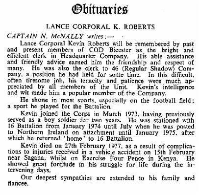 BR003g1.jpg - Kevin E. Roberts * 29 March 1956 - † 27 February 1977 Obituary by Capt. N. McNally extracted from RAOC Gazette Entry 197705-372  Any details, memories or photographs that you may have would be most welcome.