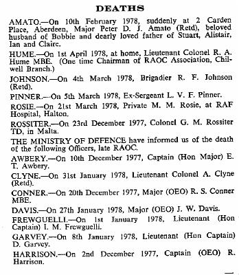 PA002g1.jpg - Peter D.J. Amato * 1918 - † 10 February 1978 Major Amato former CO of the Junior Leaders Battalion 1958-62  Died suddenly at his home in Aberdeen An Obituary-notice extracted from RAOC Gazette Entry 197805-371  Any details, memories or photographs that you may have would be most welcome. 