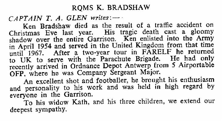 PB001g2.jpg - Kenneth Raymond Bradshaw * 24 March 1934 - † 24 November 1974 This is the original extract of the Obituary in the RAOC Gazette entry 197503-293, by CAPTAIN T. A. GLEN.  Any details, memories or photographs that you may have would be most welcome.