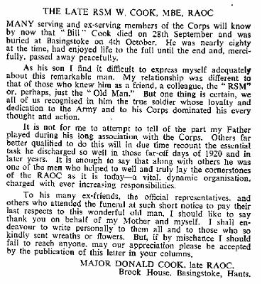 PC002g1.jpg - William “Bill” L Cook * 1886 - † 29 September 1965 “Bill” Cook was a Permanent Staff RSM at the Boys School Passed away aged 79, at his home in Basingstoke An Obituary by his Son Major Donald Cook late RAOC, from Gazette Entry 196511-219  Any details, memories or photographs that you may have would be most welcome. 