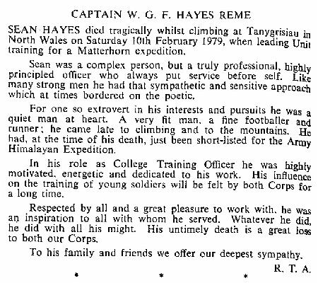 PH002g1.jpg - William George F Hayes * 18 April 1937 - † 10 February 1979 REME Training Officer at the RAOC App College 1976-79 Died as a result of a climbing accident in Nth Wales An Obituary extracted from RAOC Gazette Entry 197903-296  Any details, memories or photographs that you may have would be most welcome. 