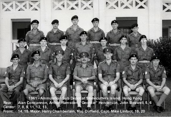 PL001p1.jpg - Major Michael "Mike" N. Linfoot  Some amendments to the names on the photo: 11 is Dick Fitzmaurice, 12 is Brian Vann, 15 is Bill clayton, 19 is Peter Price, 20 is Taffy ?  I was a member of the gun party at his funeral, ironic (if that is the word) that he served in the JL's at the same time as I did, was with my father in Hong Kong (he is on the photo), and then I had the honour of being present at his last resting place.  Bill Chamberlain - 8th November 2005 Click here to visit the Palace Barracks, Aden Memorial Garden  Any details, memories or photographs that you may have would be most welcome.