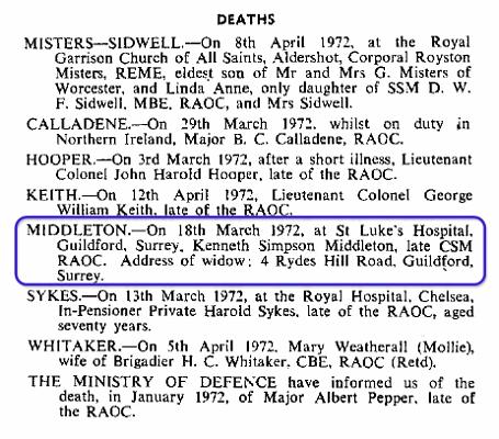 PM003g1.jpg - Kenneth Simpson Middleton * 25 February 1923 - † 18th March 1972 Obituary-Notice extracted from RAOC Gazette Entry 197205-401  Any details, memories or photographs that you may have would be most welcome.