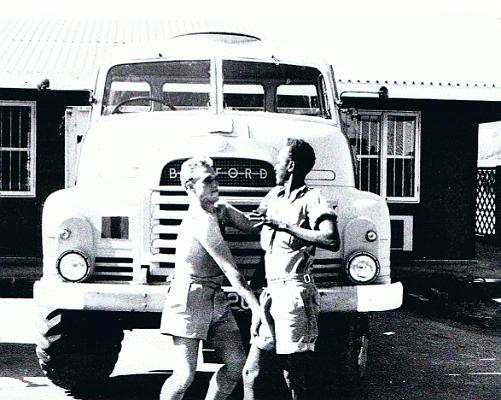 PP001p2.jpg - Fred Preece * 26/03/1941 - † 09/03/2007 Photo of Fred and a Somali driver messing around outside the QM Stores, Singapore Lines in Aden 1963.  Bill Chamberlain writes on 23/01/2013: Served with Fred in Aden 1964 and we played football together in the Ord Depot side that won the League & Cup. Some feat as we had to beat some of the major units on the way to winning the Cup. We did not always see eye to eye as he was a strong willed character - but he was someone you could always count on. Surprised to learn of his passing at such a young age. Bill Chamberlain  Any details, memories or photographs that you may have would be most welcome.