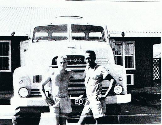 PP001p3.jpg - Fred Preece * 26/03/1941 - † 09/03/2007 This photo of Fred and a Somali driver outside the QM Stores, Singapore Lines in Aden 1963.  John Ball writes on 12/10/2010: I was saddened to learn of the demise of Taff (Fred) Preece. I served with Fred in Aden and he worked under me in the QM Stores. He was my best mate in Aden and we went a bit wild on the booze until Ann came out and they moved into a WD hiring in Maala. He was a hard man and loved his boxing and most sports. I will always remember Fred as a hard man who was as soft as putty as far as Ann was concerned.  Any details, memories or photographs that you may have would be most welcome.